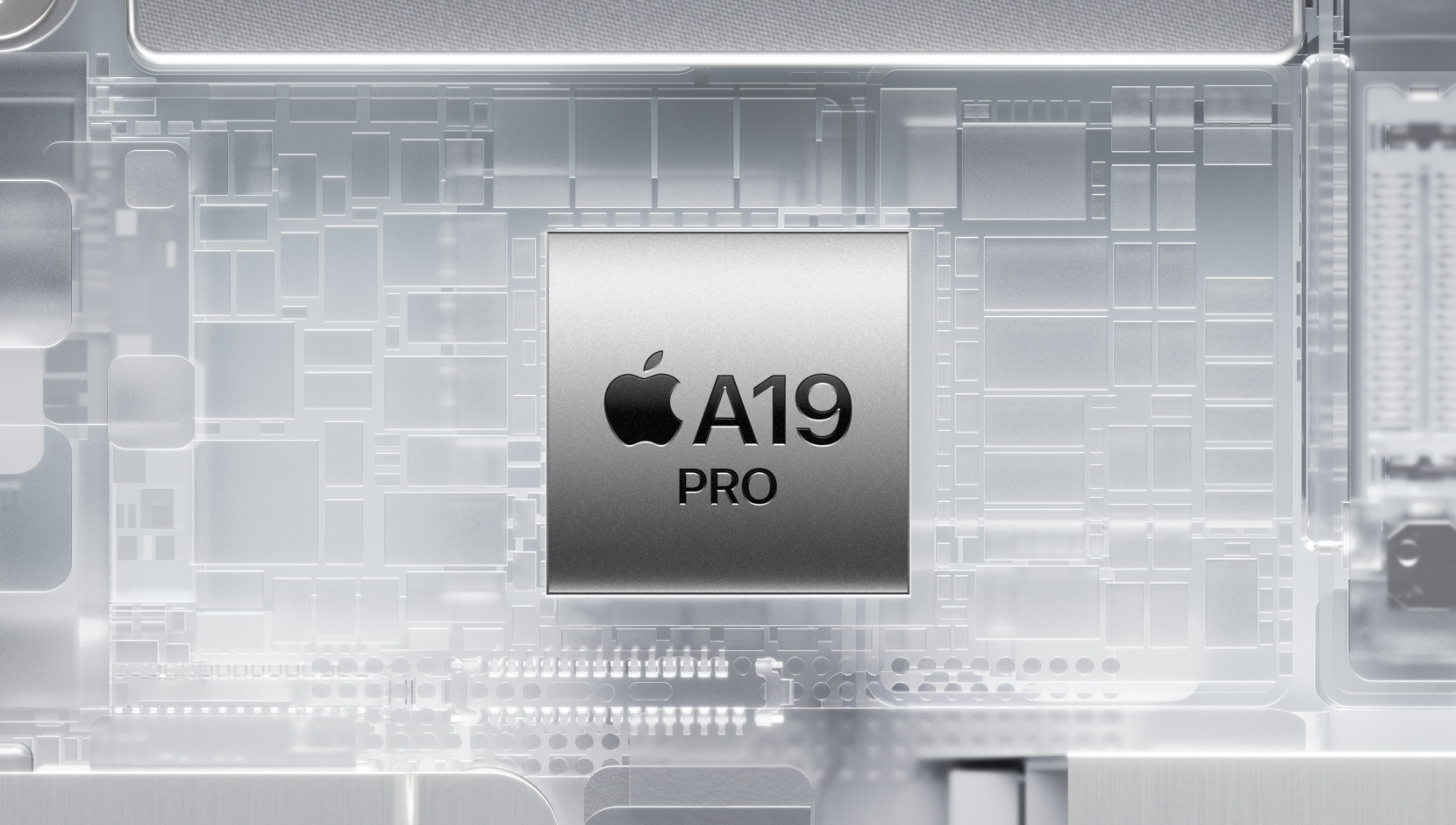 A19 Pro 晶片被閃閃發亮的 iPhone 內部組件所環繞