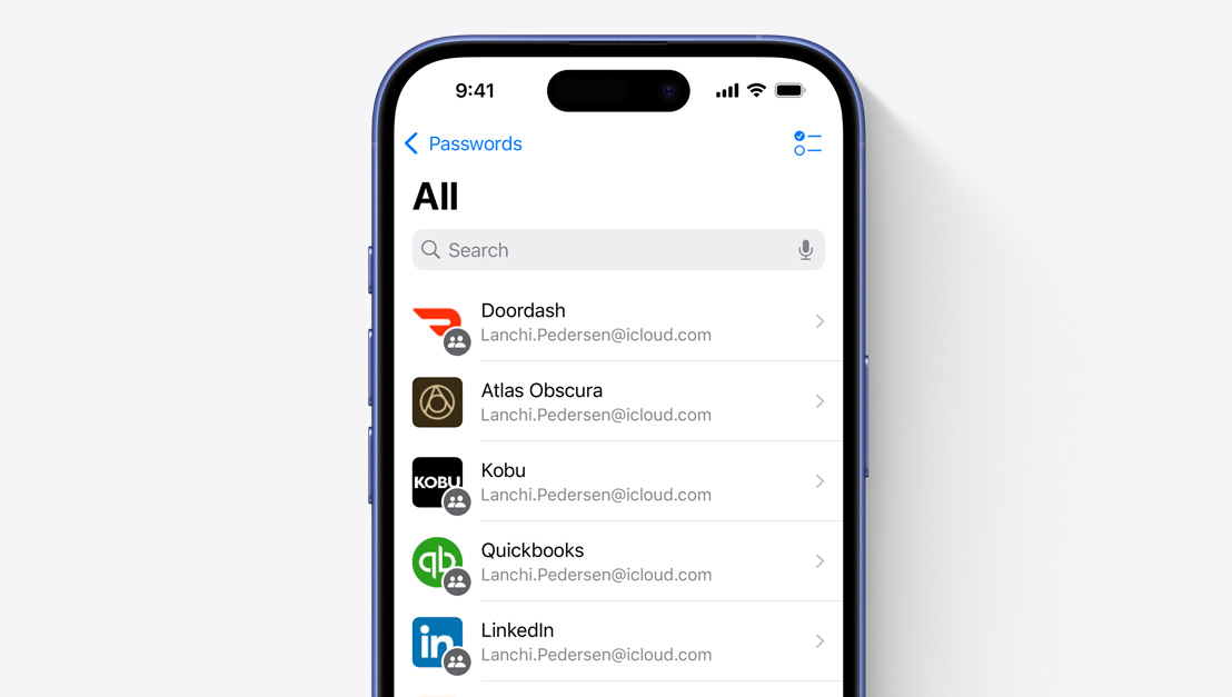 Екран зі списком додатків для iPhone у додатку «Паролі».