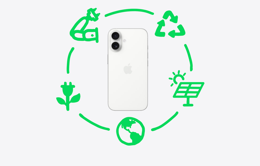 Grafické znázornění kroků, které Apple podniká k recyklaci a opětovnému používání materiálů včetně návrhu produktů a nákupu surovin, výroby, balení a přepravy, používání a zpětného odběru.