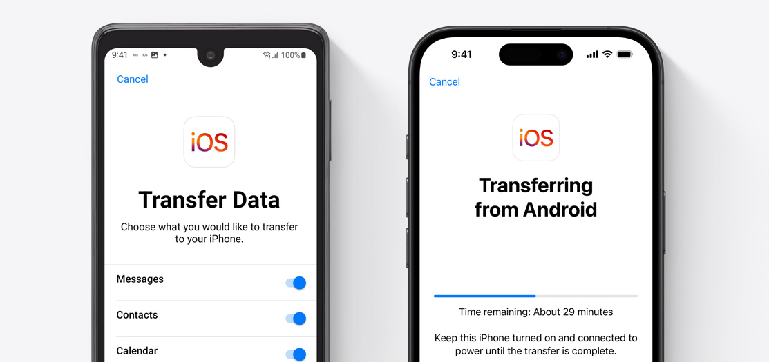 Displej telefonu s Androidem a displej iPhonu 16, na kterých je vidět přenos dat