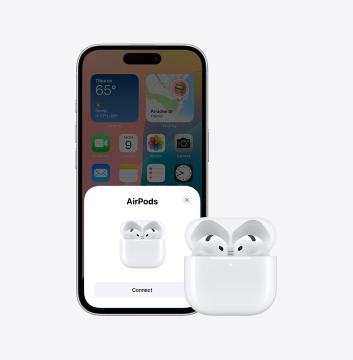 Na obrázku je vidět iPhone 16 a jedny Airpody