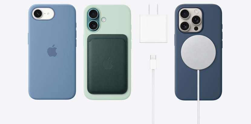 iPhone 16e 與 iPhone 16 系列搭配多款矽膠保護殼等配件，還包括 20W USB-C 電源轉接器、60W USB-C 充電連接線與 MagSafe 充電器。