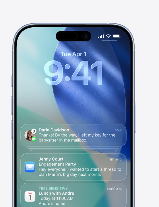 Obrazovka iPhonu se zobrazenými oznámeními Zpráv, Mailu a Kalendáře