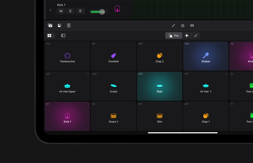 Gros plan d’un pad de batterie personnalisé dans Logic Pro pour iPad sur iPad Pro