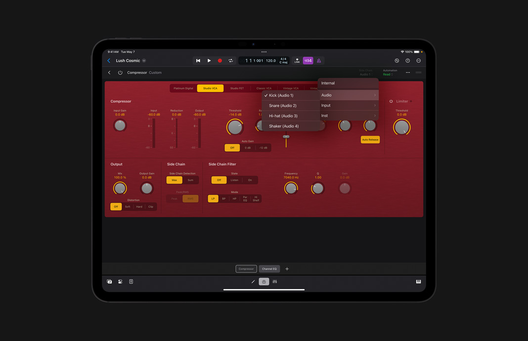 Interface d’utilisation d’un module de compresseur dans Logic Pro pour iPad.