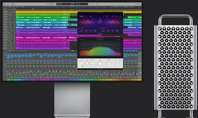 Un grand projet multipiste Logic Pro est affiché à côté d’un Mac Pro.