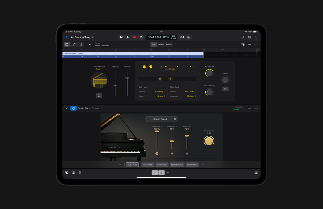 Insertion d’un accompagnement au clavier dans Logic Pro pour iPad sur iPad Pro.