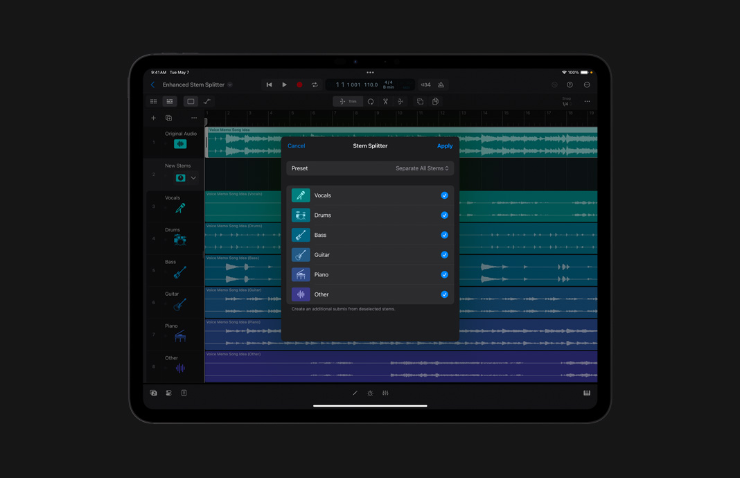 Fenêtre avec interface de Stem Splitter contenant une liste d’options de stems prédéfinies telles que Chant, Batterie, Basse, Guitare, Piano et Autre, avec une icône à côté de chaque nom.