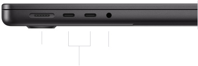 MacBook Pro de 14 pulgadas con chip M4, cerrada, lado izquierdo, con un puerto MagSafe 3, dos puertos Thunderbolt 4 y entrada para audífonos