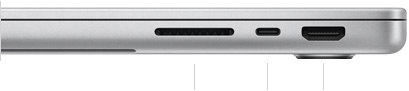 MacBook Pro de 14 pulgadas con chip M4 Pro o M4 Max, cerrada, lado derecho, con una ranura para tarjeta SDXC, un puerto Thunderbolt 5 y un puerto HDMI