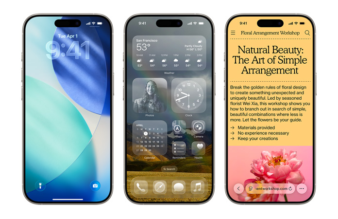 Dispositivos iPhone dispuestos uno al lado del otro que muestran algunos de los nuevos elementos de diseño en iOS, como la pantalla bloqueada con los números de la hora translúcidos en Liquid Glass y una pantalla de inicio con íconos de apps translúcidos diseñados con Liquid Glass