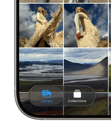 Esquina inferior izquierda de un iPhone que muestra un menú de la app Fotos con las pestañas Biblioteca y Colecciones con el nuevo diseño con Liquid Glass