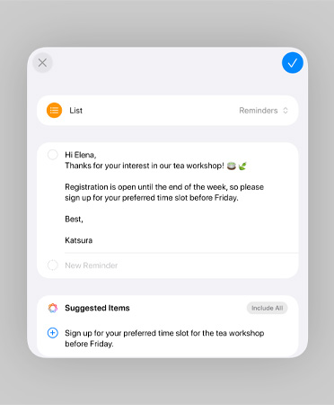 Liste dans l’app Rappels avec des rappels intelligents et des tâches suggérées