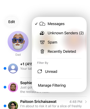 L’app Messages affiche la nouvelle fonctionnalité d’outils de filtrage, qui passe en revue les numéros inconnus dans une section appelée Expéditeurs inconnus