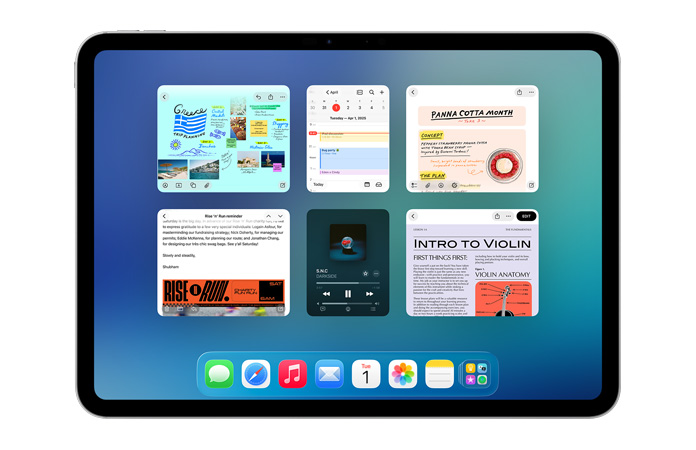 Un iPad, orientation paysage, affiche six fenêtres ouvertes disposées sur deux rangées, dont l’app Calendrier, l’app Notes, Apple Music et Safari
