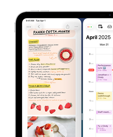 Un iPad, orientation paysage, la partie supérieure gauche de l’écran affiche les apps Notes et Calendrier, disposées côte à côte pour illustrer les fenêtres en mosaïque