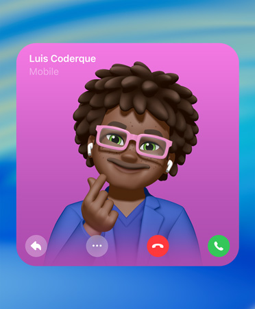 FaceTime Kontaktposter, Genmoji in der Mitte, Name der Person oben links, Symbole für Antwort, weitere Optionen, Auflegen und Abholen unten