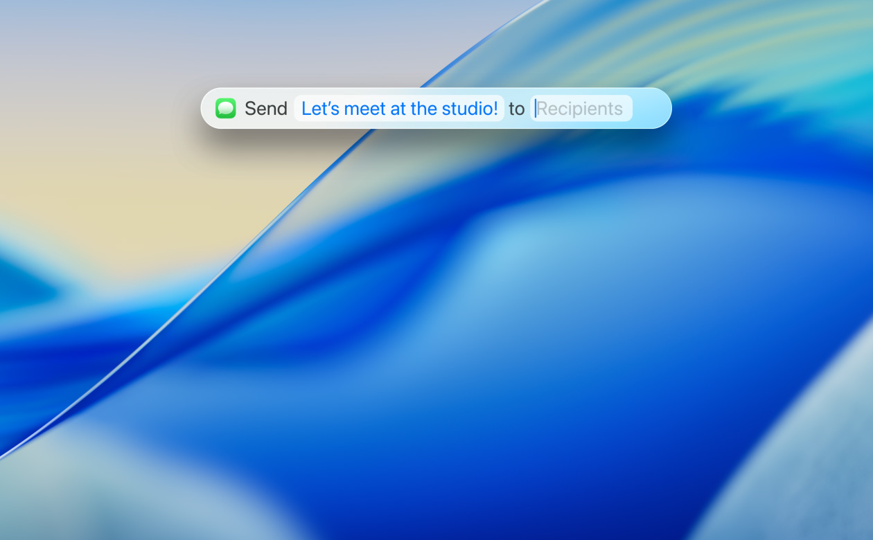 Nahaufnahme der neuen transparenten Spotlight App, ein:e Nutzer:in verwendet die Nachrichten App, um eine SMS an einen Kontakt zu senden