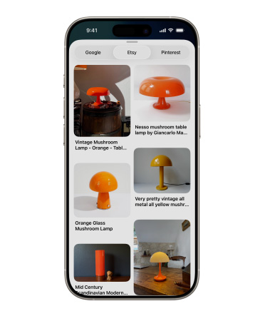 Un iPhone muestra una colección de fotos de distintas lámparas con forma de hongo en Etsy, junto con pestañas de Google y Pinterest