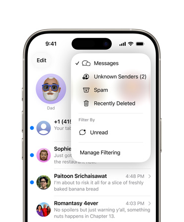 iPhone, dos tercios superiores de la pantalla mostrando la app Mensajes con las nuevas herramientas que filtran números desconocidos y los ubica en una sección llamada Remitentes Desconocidos