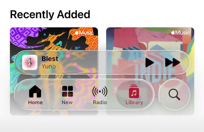 Controles translúcidos en Apple Music que refractan el fondo