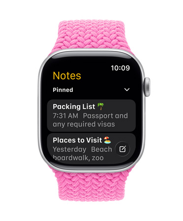 Apple Watch in Silber mit geflochtenem Armband in Pfingstrose, Zifferblatt zeigt Notizen App mit zwei angehefteten Notizen