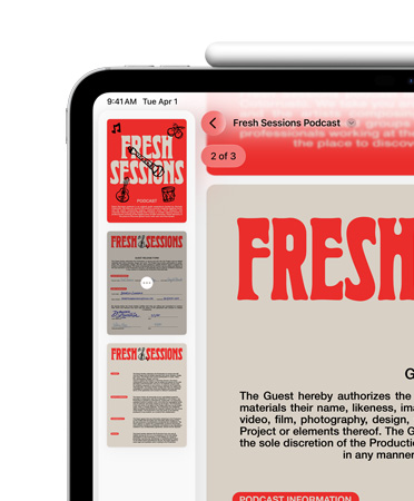 Un iPad, orientation paysage, un Apple Pencil fixé de façon magnétique à son sommet, le côté supérieur gauche de l’écran affiche un PDF dans l’app Aperçu