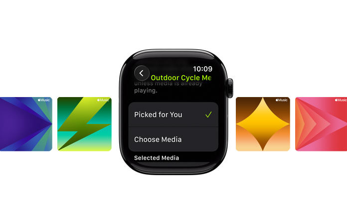 Apple Watch in Diamantschwarz ohne Armband, auf dem Zifferblatt ist ein kleines transluzentes Kamerasymbol zu sehen, dann erscheint ein Smart Stapel Hinweis und öffnet sich, um das Widget für die Kamera Fernbedienung anzuzeigen