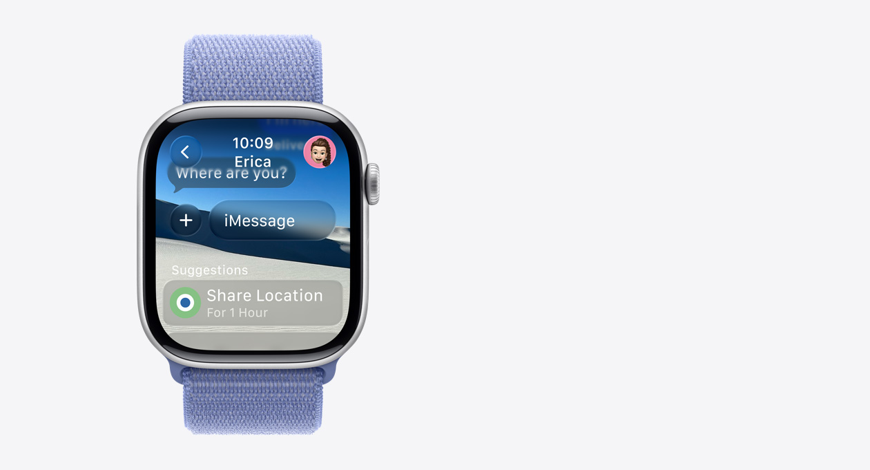 Apple Watch in Silber, blau-violettes Armband, transluzente Nachricht auf dem Bildschirm: „Wo bist du?“, das Wort Vorschläge darunter mit einer intelligenten Aktion zum Teilen des Standorts für 1 Stunde