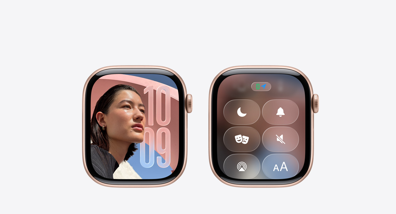 Apple Watch in Roségold ohne Armband, Zifferblatt zeigt Bildschirm mit transluzenten Liquid Glass Symbolen vor dem Hintergrund, um das neue Liquid Glass Design in watchOS 26 zu zeigen