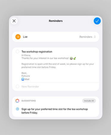 Une liste dans l’app Rappels affiche des rappels intelligents et des suggestions de tâches