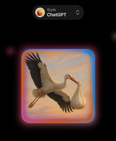 Image Playground, avec un menu déroulant dans le haut qui affiche Style : ChatGPT, image d’une cigogne en vol qui transporte un bébé dans un baluchon