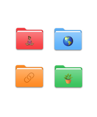 Quatre dossiers disposés en grille, chacun a sa propre couleur, soit rouge, bleu pâle, orange et vert, et affiche une icône différente, soit une personne faisant du yoga, un globe terrestre, le symbole d’une URL et une plante.