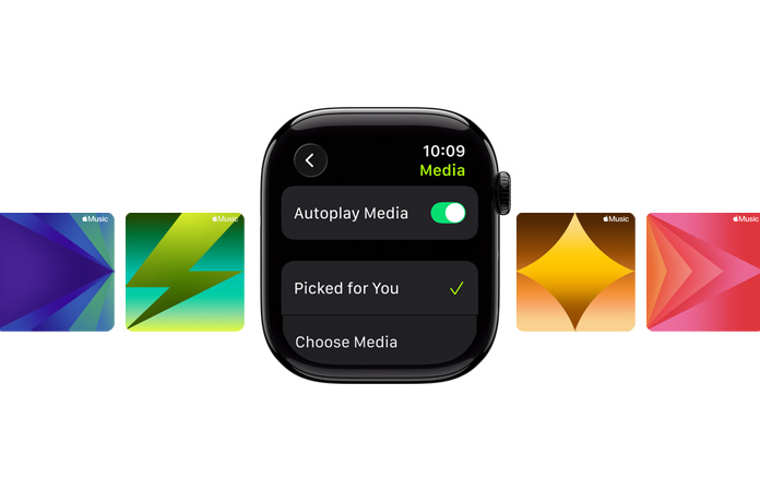 Uhlově černé Apple Watch bez řemínku, na ciferníku jsou volby Výběr pro tebe a Vybrat médium, nahoře je zeleným textem napsáno Jízda na kole venku, v pozadí je výběr tapet Apple Music