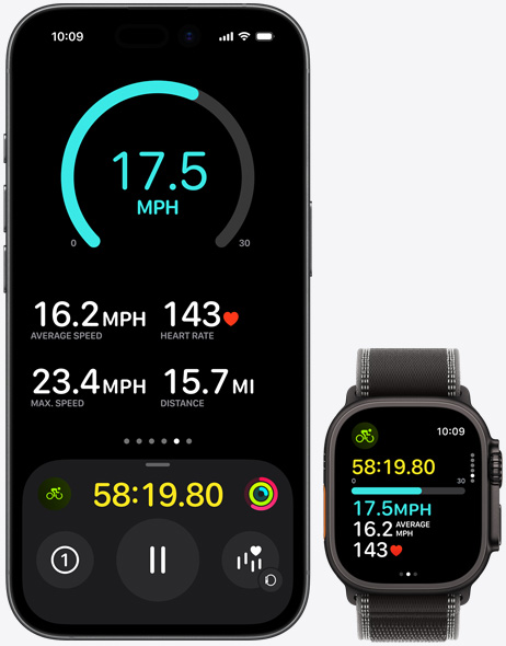 iPhone 17 og Apple Watch Ultra 3 viser Trening-appen med detaljert innsikt.