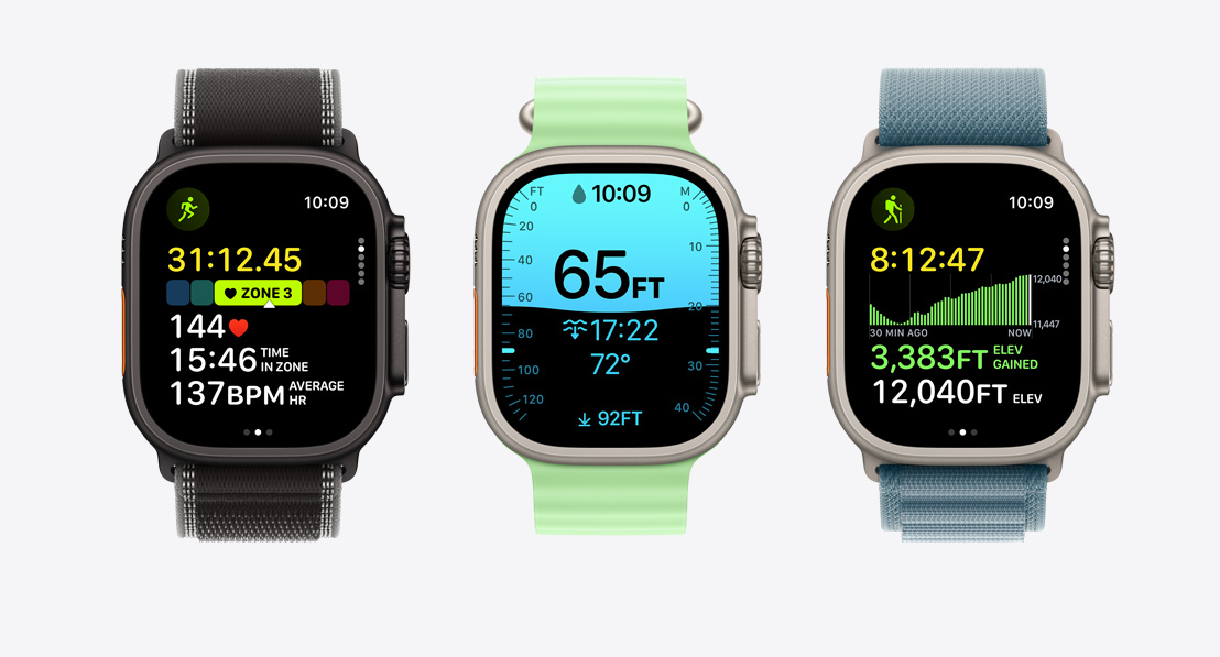 Apple Watch Ultra 3 som viser skjermer fra Trening-appen: løping, dykking og sykling