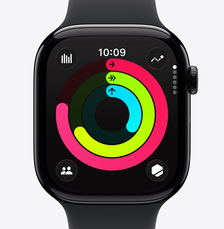 Apple Watch Series 11 med urkasse av aluminium i gagatsvart viser aktivitetsringene Bevegelse, Trening og Oppreist.