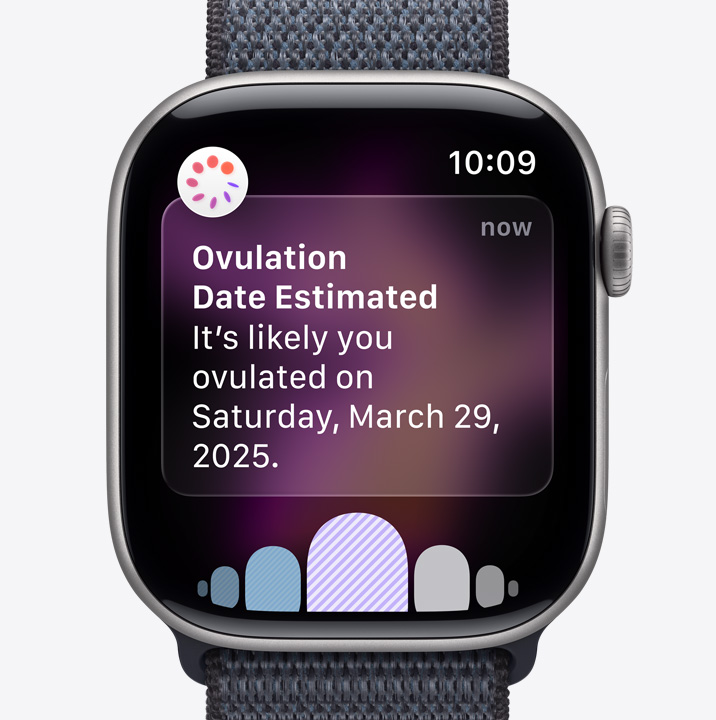 Apple Watch Series 11 med urkasse av aluminium i stellargrå og Sport Loop i mørk grå viser en varsling om anslått eggløsningsdato fra Syklus i Helse-appen. På siden vises Digital Crown.