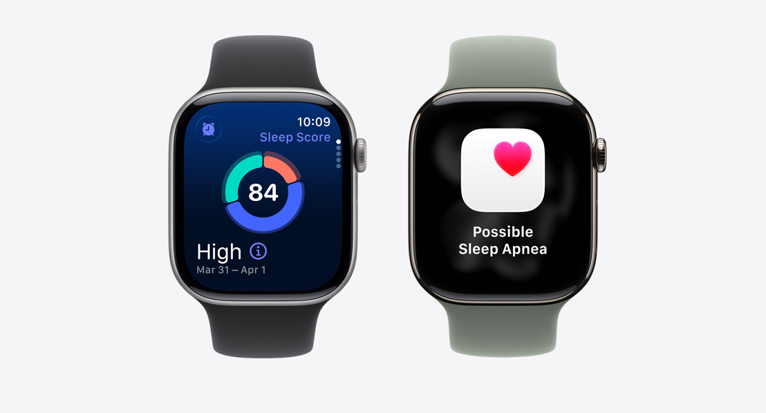 To Apple Watch Series 11-enheter viser søvnscore og en varsling om mulig søvnapné på skjermene.