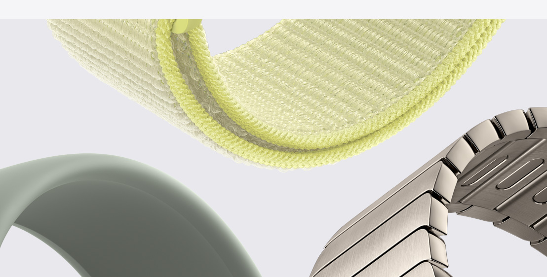 Apple Watch-remmer: Solo Loop i grønngrå, Sport Loop i neongul og Link Bracelet i naturlig farge.