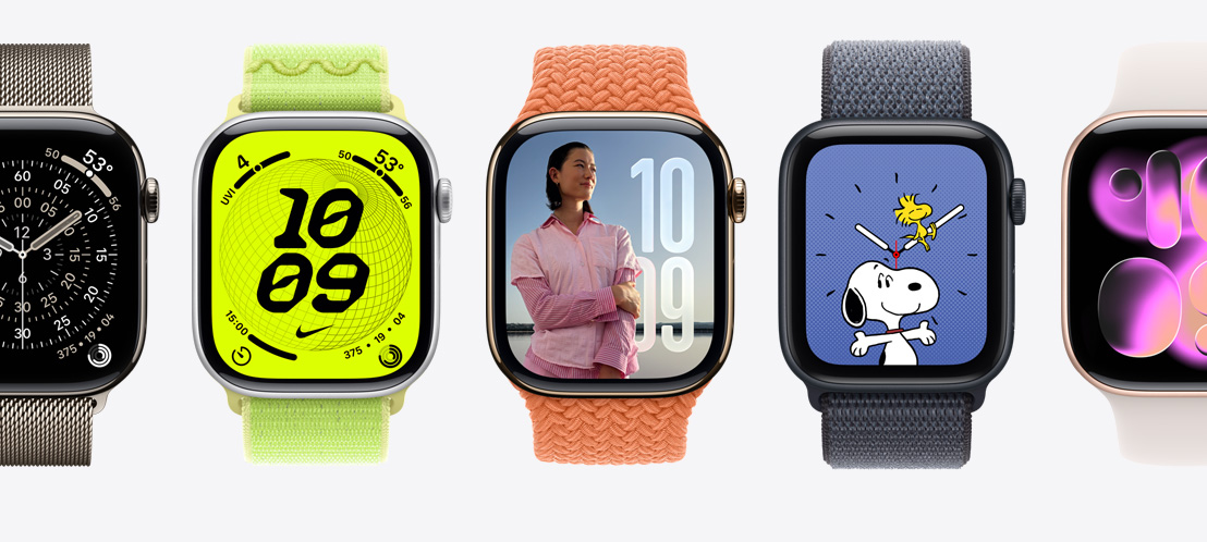Apple Watch-urskiver: Orientering, Nike, Bilder, Snoopy og Responsive Art.