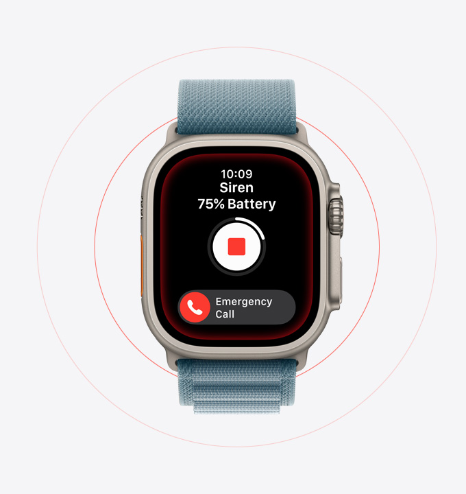 Apple Watch Ultra 3 med urkasse av naturlig titan viser en aktivert sirene og en Nødanrop-knapp.