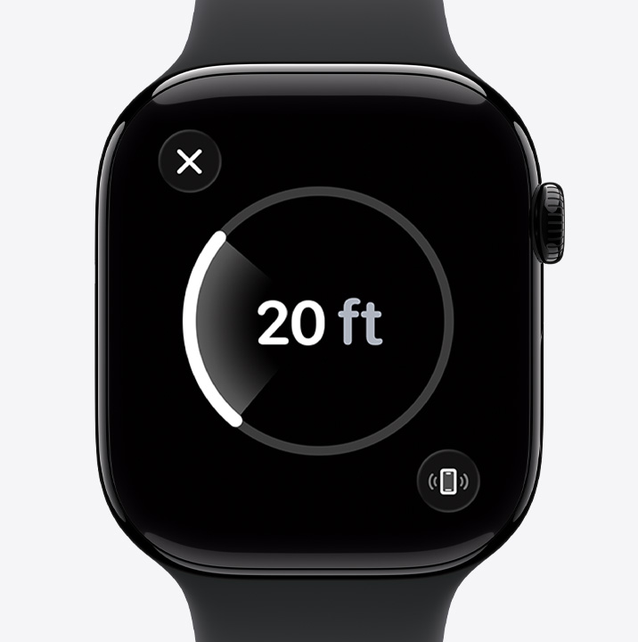Apple Watch Series 11 med urkasse av aluminium i gagatsvart viser Presisjonssøk og anslått avstand til en mistet iPhone på skjermen.