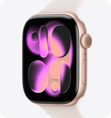 Apple Watch Series 11 med urkasse av aluminium i rosegull og Sport Band i svak rosa viser Responsive Art-urskiven på skjermen. På høyre side vises Digital Crown, mikrofonen og sideknappen.