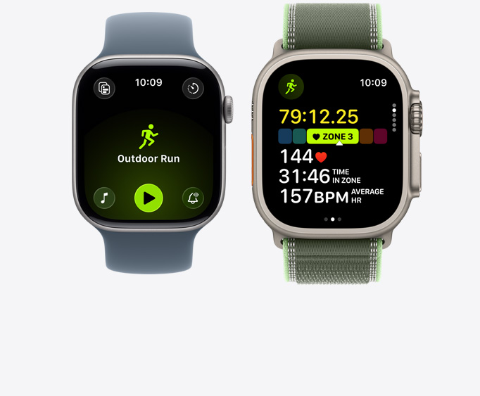 Apple Watch Series 11, aluminium case, space grey colour, Outdoor Run workout open with Apple Music play controls, Apple Watch Ultra 3, titanium case, natural colour, Running workout open, heart rate in Zone 3