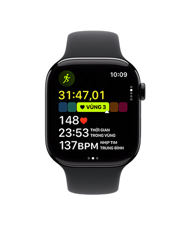 Apple Watch Series 10, Dây Đeo Thể Thao Màu Đen, mặt trước, giao diện người dùng hiển thị nội dung Bài Tập, Chạy Bộ Ngoài Trời, Vùng Nhịp Tim