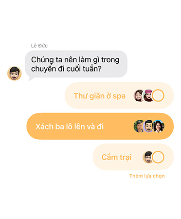 Cận cảnh tính năng bình chọn mới trong Tin Nhắn với những người trong nhóm chat đang bỏ phiếu quyết định nơi thực hiện chuyến đi cuối tuần