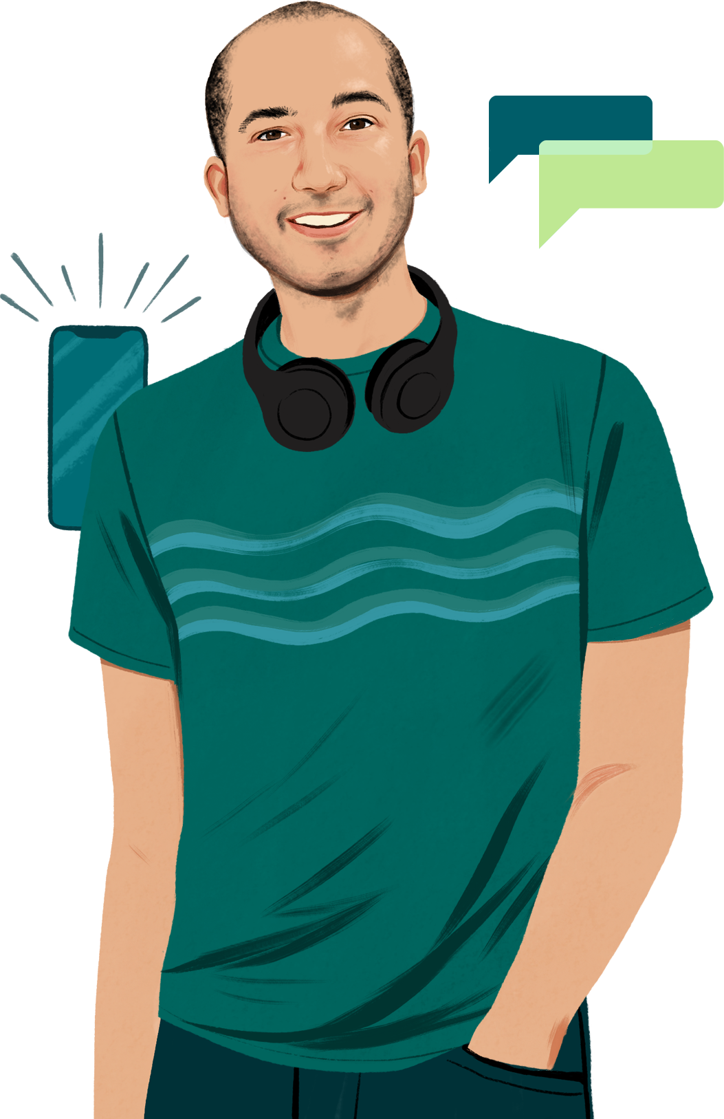 Portrait illustré de Chris qui sourit et nous regarde avec son casque d’écoute autour du cou; l’illustration d’un iPhone émettant des ondes sonores apparaît.