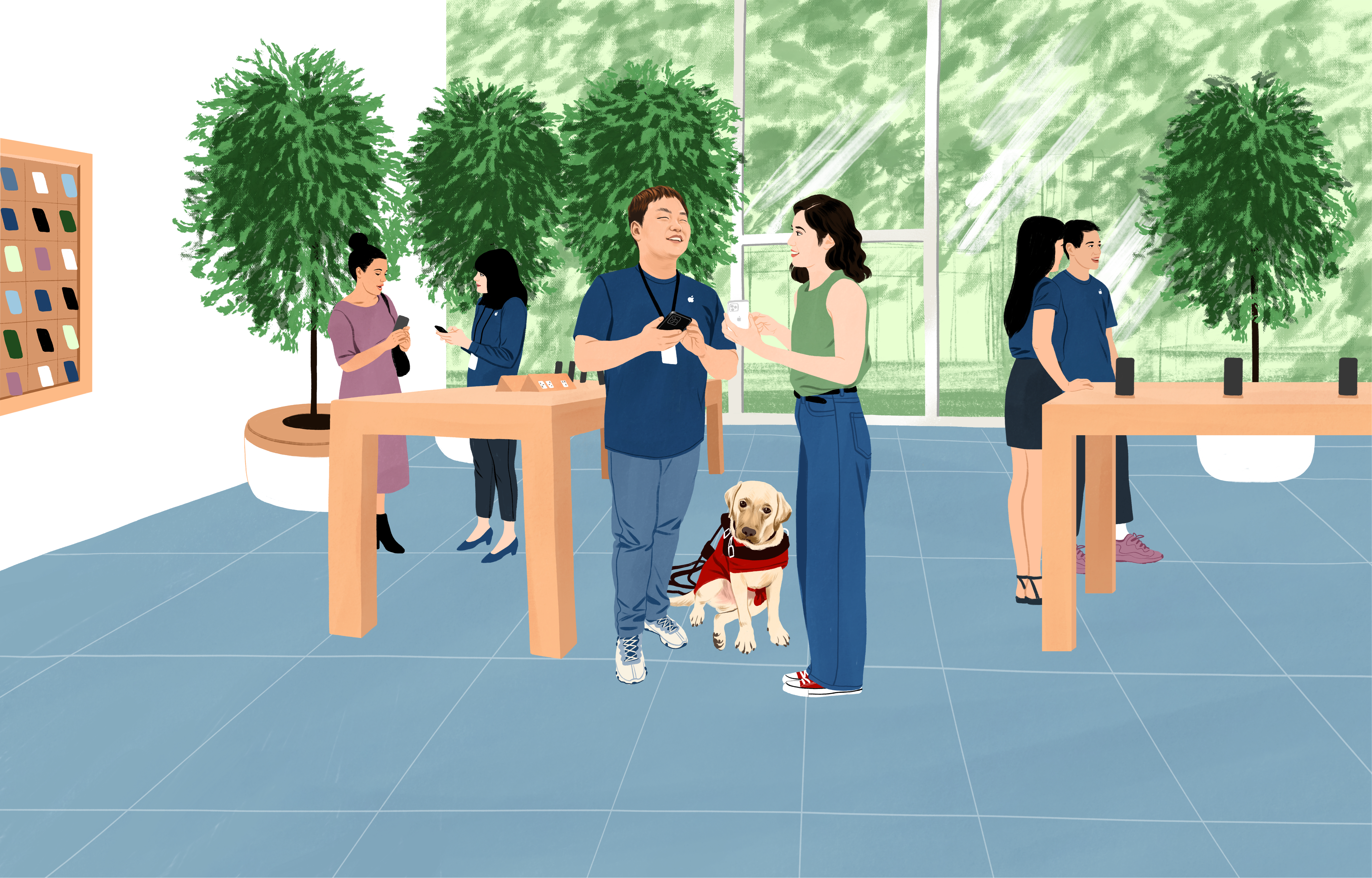 William est à l’Apple Store, avec son iPhone dans les mains et son chien-guide à ses côtés. Il répond à une cliente.