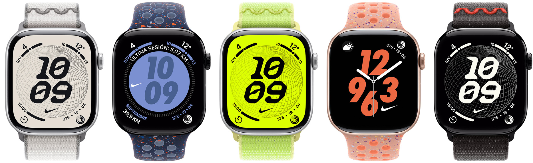 Five Apple Watch devices attached to Nike Sport Bands and Nike Sport Loops, showing Nike watch faces configured in various colors